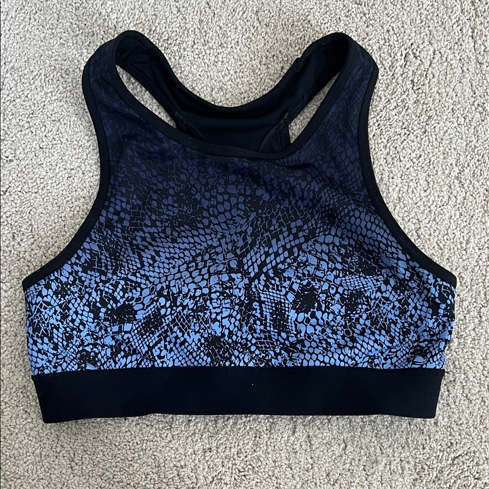 Chic Blue and Black Patterned Sports Bra